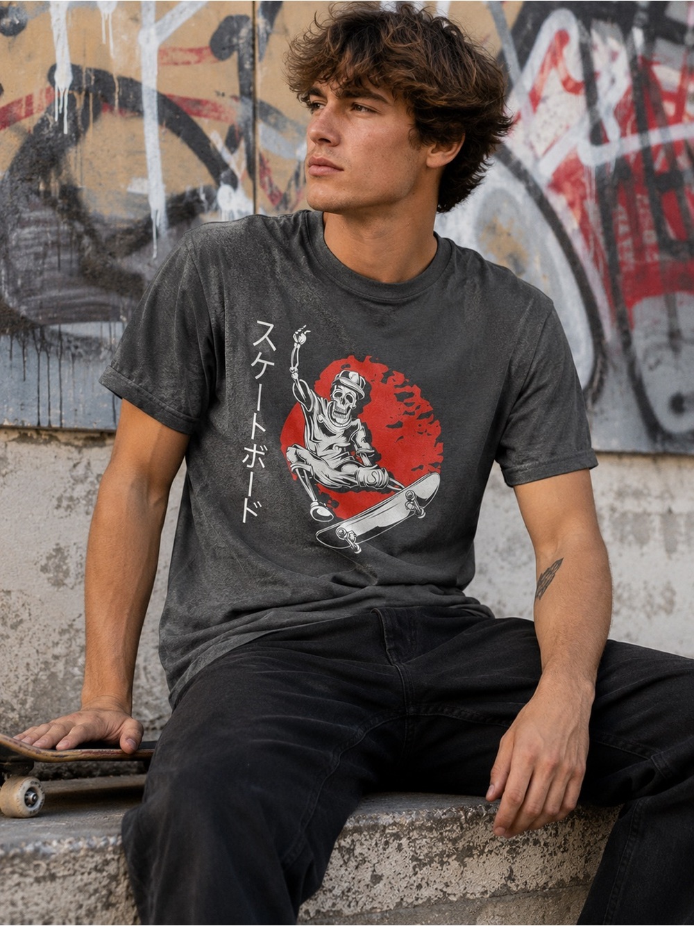 Skeleton‎ Skateboard Graphic T-Shirt Mens Medium Japanese Streetwear Skater Goth